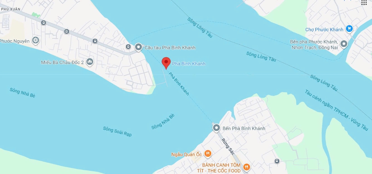 Phà Bình Khánh nối Cần Giờ và trung tâm TP. Hồ Chí Minh hiện trên Google Maps - Ảnh chụp màn hình.