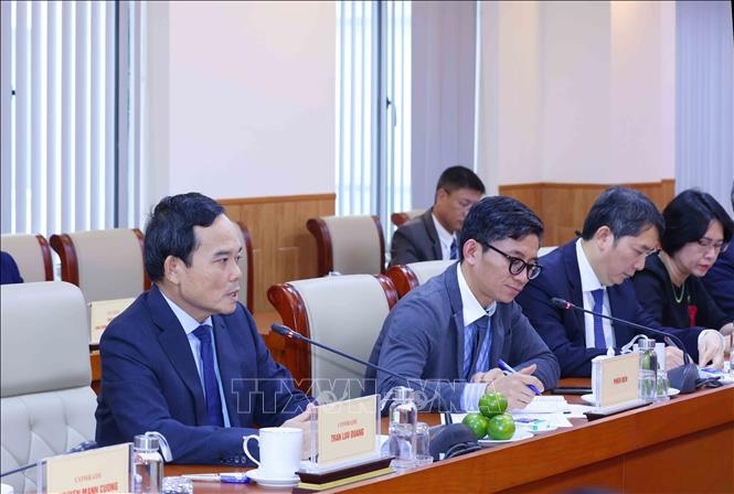 Ông Trần Lưu Quang, Trưởng Ban Chính sách, chiến lược Trung ương phát biểu tại buổi làm việc. Ảnh: TTXVN