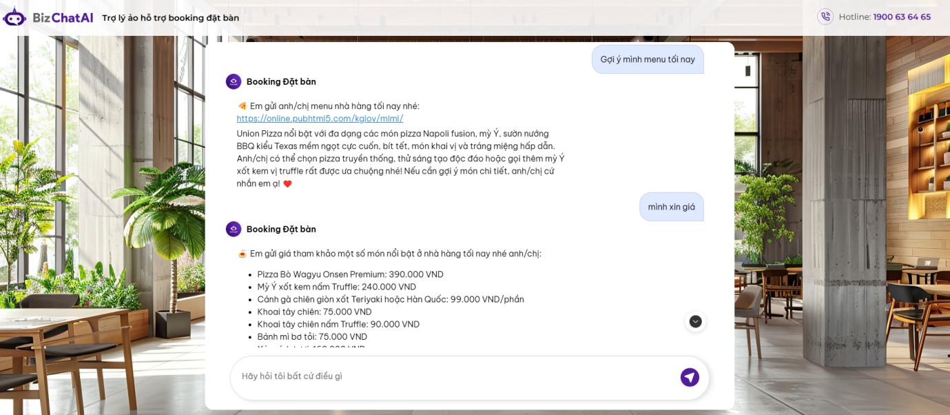 ChatAI từ Bizfly có thể hỗ trợ đặt bàn, nhận khách chỉ trong vài giây.