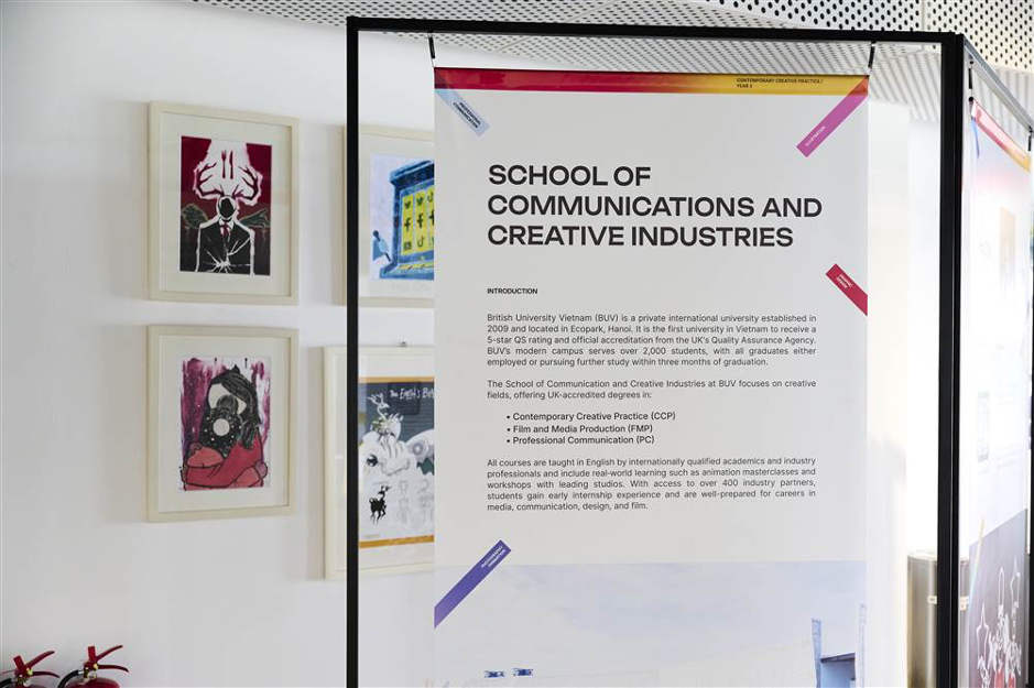 The hallway area displays works by second-year Contemporary Creative Practice programme students.