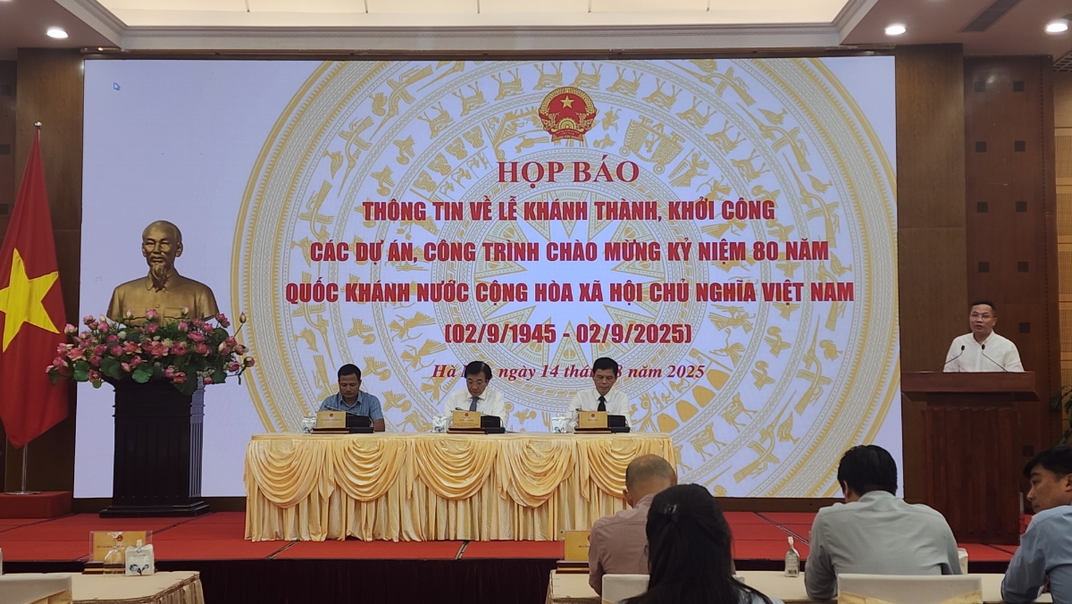 Toàn cảnh buổi họp báo Thông tin về lễ khánh thành, khởi công các dự án, công trình chào mừng kỷ niệm 80 năm Quốc khánh nước Cộng hòa xã hội chủ nghĩa Việt Nam (2/9/1945 - 2/9/2025). Ảnh: Việt An.