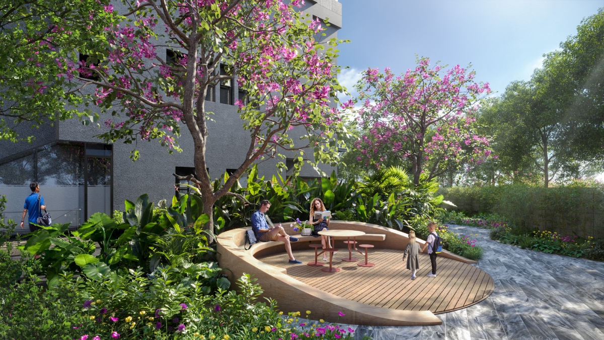 Vườn dạo dưỡng sinh ngập tràn sắc hoa và mảng xanh, mang đến những phút giây thả lỏng cơ thể, cân bằng thân, tâm, trí giữa nhịp sống đô thị.