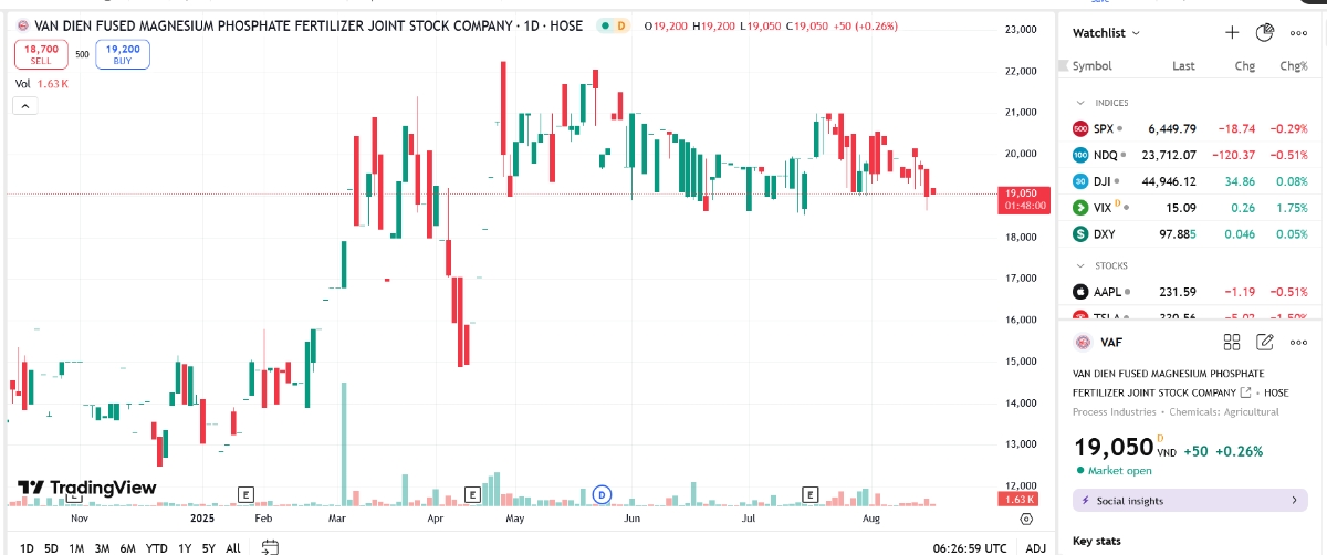 Sơ đồ giá cổ phiếu VAF trên TradingView.