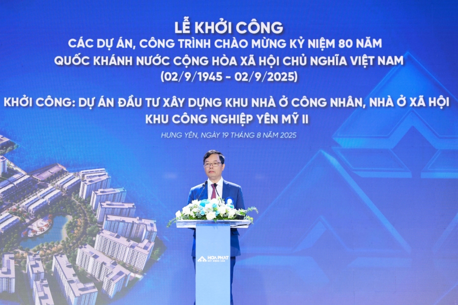 Ông Trần Kiên Cường, Giám đốc Công ty CP Phát triển đô thị Hòa Phát Yên Mỹ phát biểu tại sự kiện. 