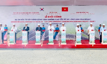 Các đại biểu thực hiện nghi lễ khởi công giai đoạn 2 cao tốc Đồng Đăng - Trà Lĩnh.