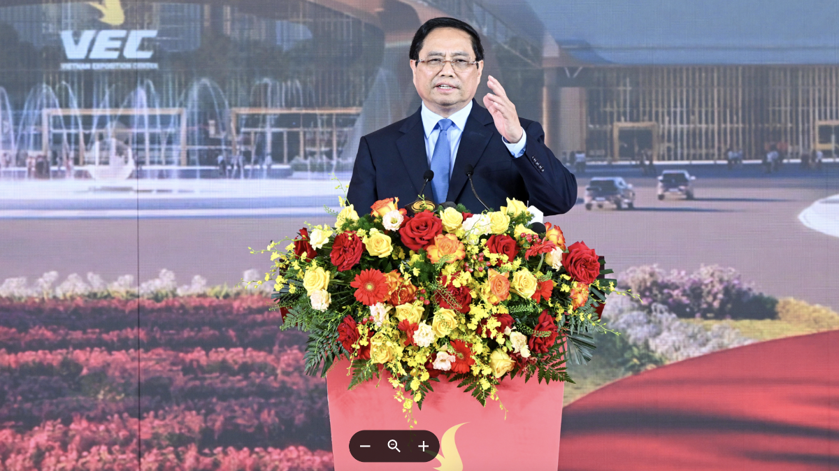 Thủ tướng Phạm Minh Chính phát biểu tại lễ khánh thành, khởi công 250 công trình, dự án chào mừng kỷ niệm 80 năm Quốc khánh - Ảnh: VGP/Nhật Bắc.