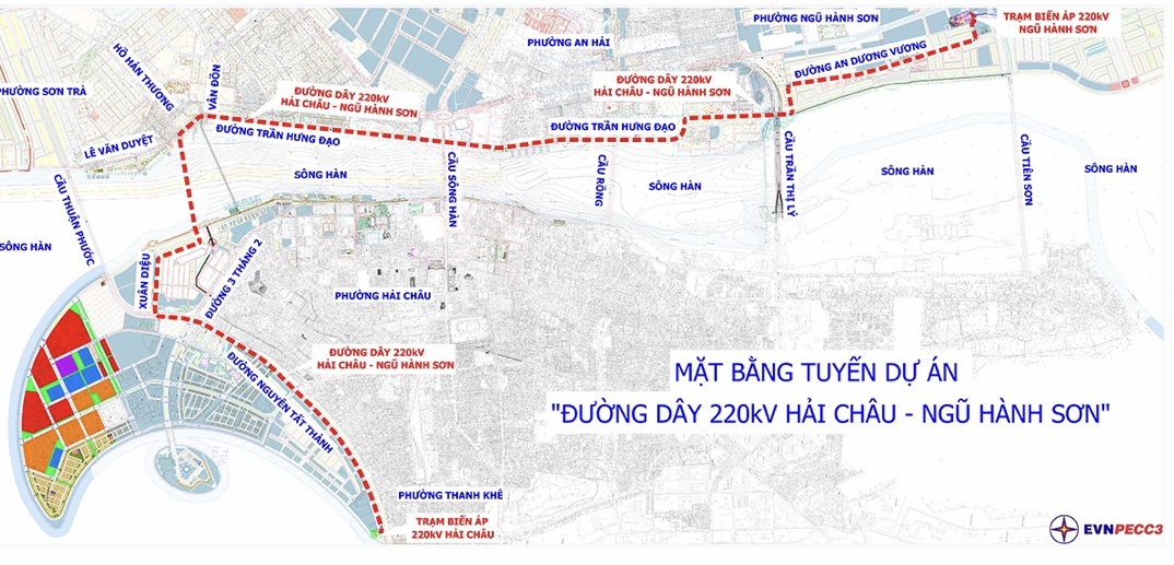 Sơ đồ mặt bàng tuyến Dự án đường dây 220kV Hải Châu-Ngũ Hành Sơn.