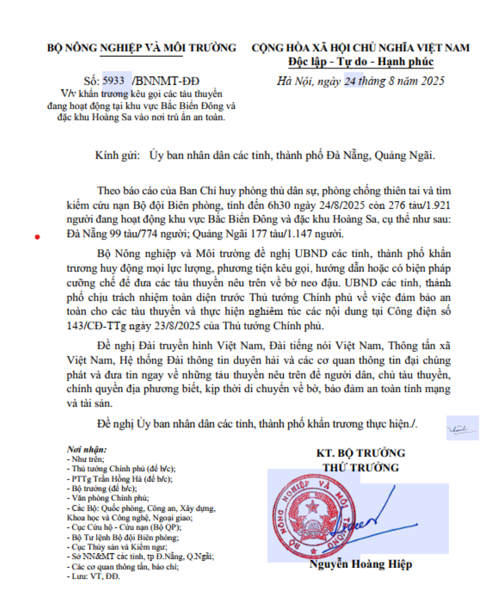 Công văn của Bộ Nông nghiệp và Môi trường khẩn trương kêu gọi tàu thuyền tránh trú bão số 5.