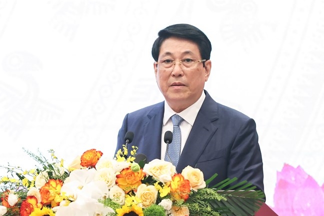 Chủ tịch nước Lương Cường phát biểu tại chương trình gặp mặt. Ảnh: Quang Vinh/mattran.org.vn.