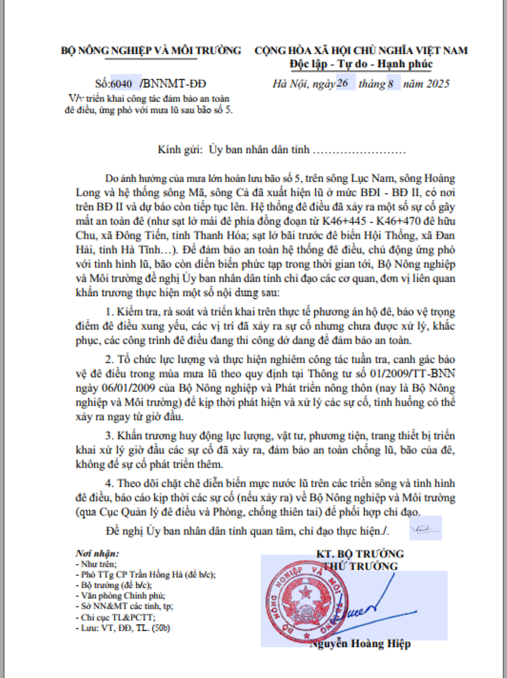 Công văn số 6040 của Bộ Tài Nguyên và Môi trường về việc đảm bảo an toàn đê điều, ứng phó với mưa lũ sau bão số 5.