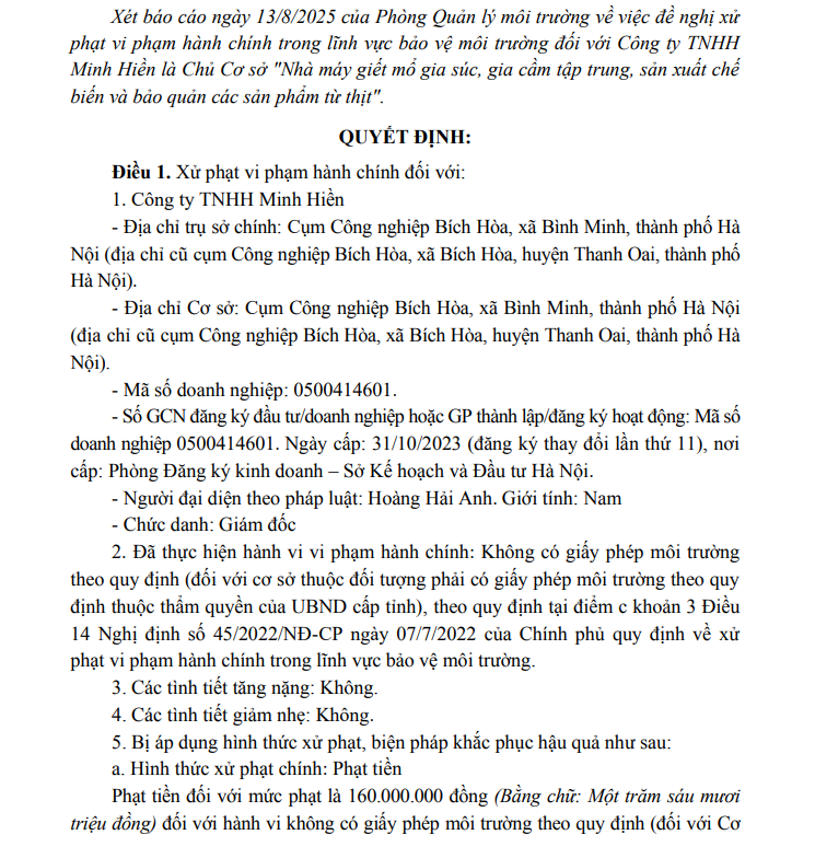 Quyết định xử phạt vi phạm môi trường với Công ty TNHH Minh Hiền.