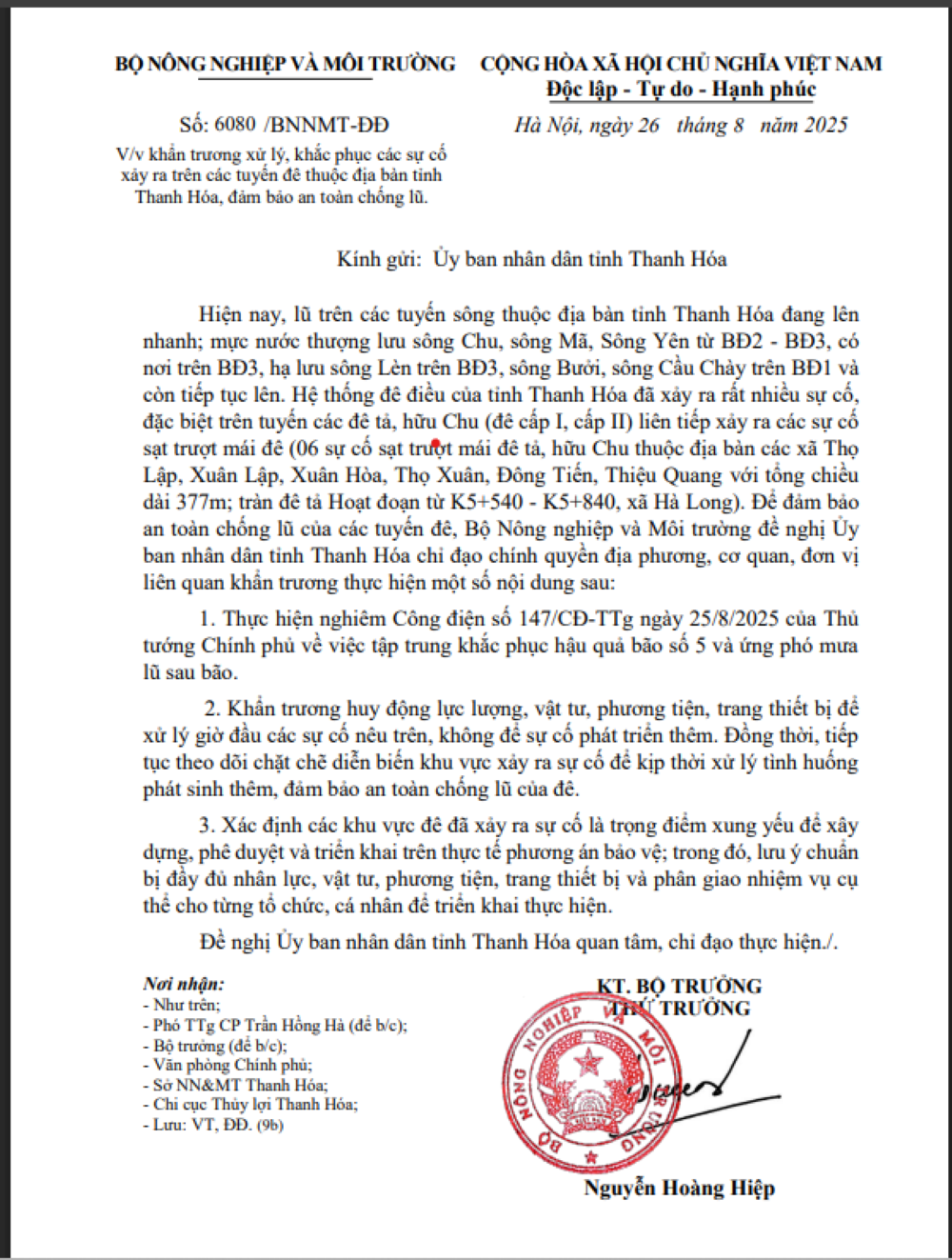 Công văn số 6080/BNNMT-ĐĐ gửi UBND tỉnh Thanh Hoá.
