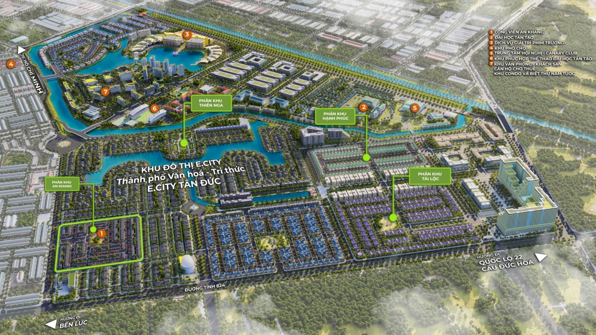 E.City Tân Đức - khu vực nổi bật như một đô thị thế hệ mới, hội tụ đầy đủ tiện ích.