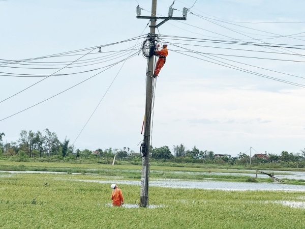 Công nhân điện lực Hà Tĩnh nỗ lực khắc phục sự cố lưới điện sau bão