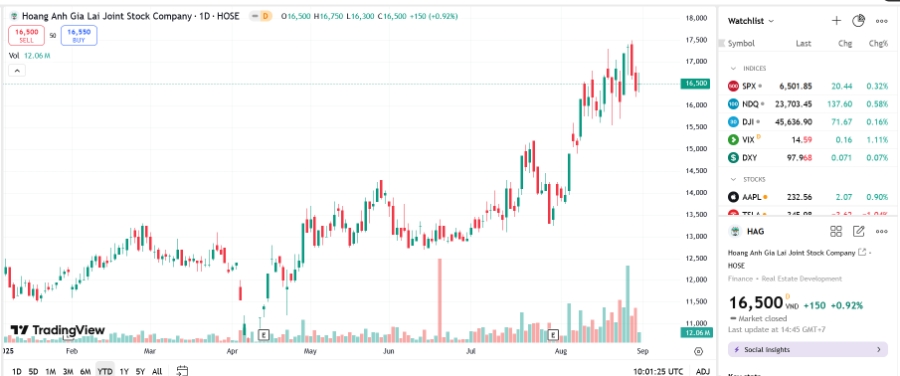 Sơ đồ giá cổ phiếu HAG trên TradingView.