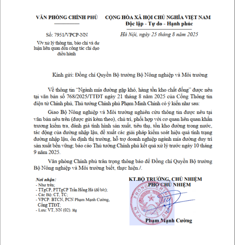 Công văn số 7951/VPCP-NN của Văn phòng Chính phủ. 