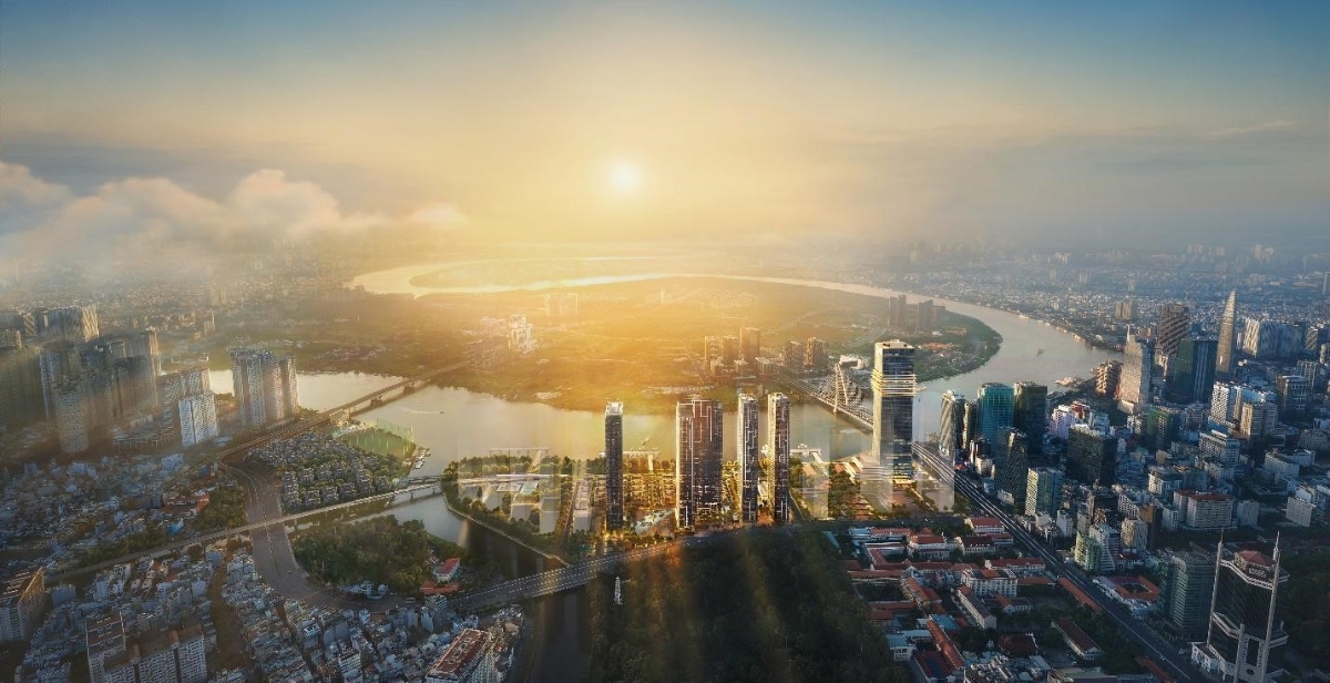 Trung tâm CBD hiện hữu của TP.HCM nhìn qua trung tâm tài chính Thủ Thiêm trong tương lai.