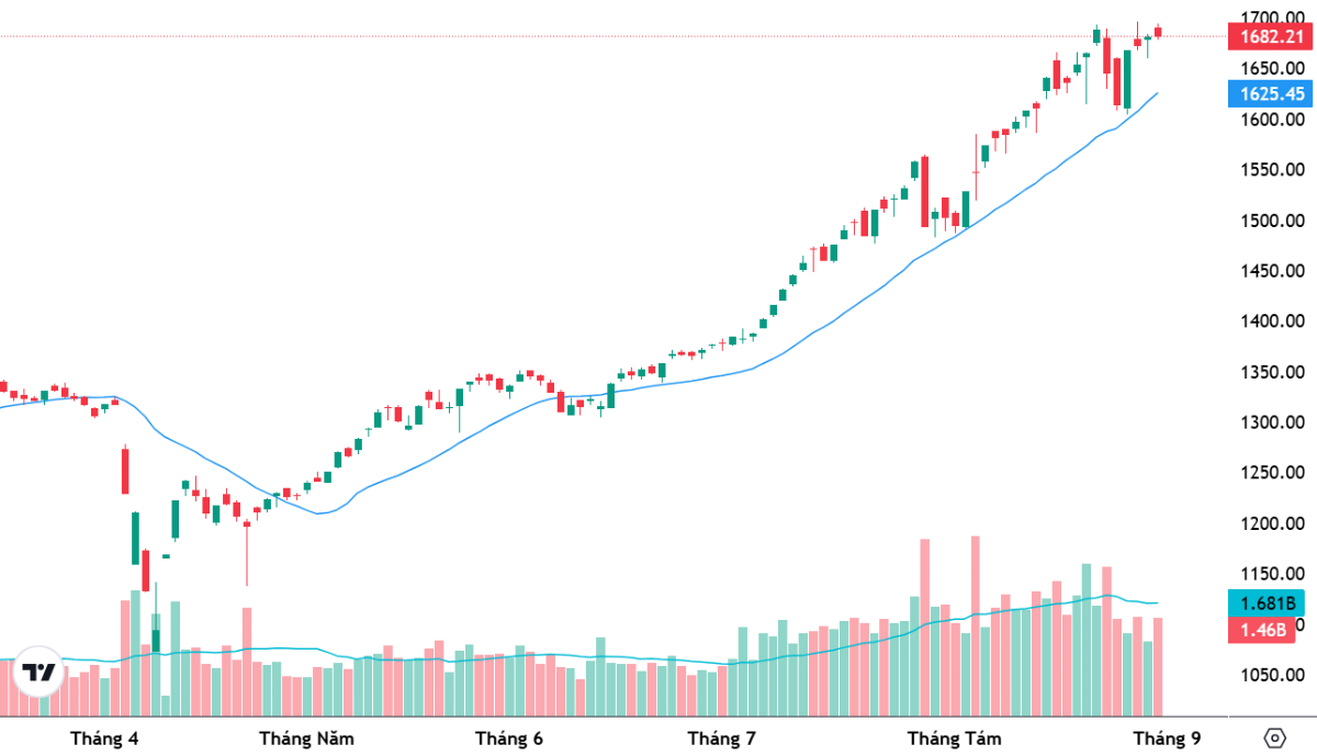 Chỉ số VN-Index và đường trung bình 20 ngày.