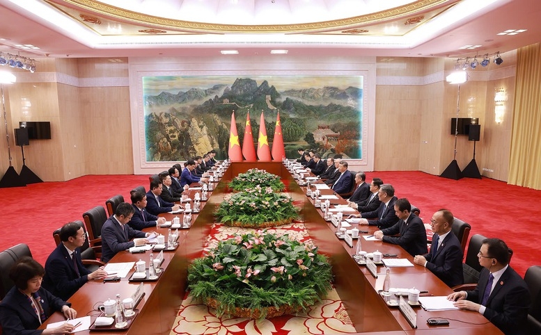 Toàn cảnh cuộc hội kiến giữa Thủ tướng Chính phủ Phạm Minh Chính và Tổng Bí thư, Chủ tịch Trung Quốc Tập Cận Bình. Ảnh: VGP.