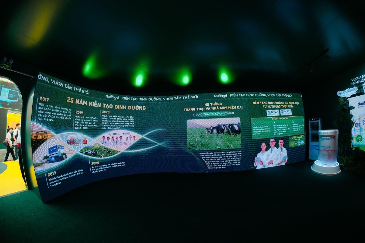 Khu vực triển lãm tái hiện hành trình 25 năm của Nutifood bằng công nghệ trình chiếu hiện đại.