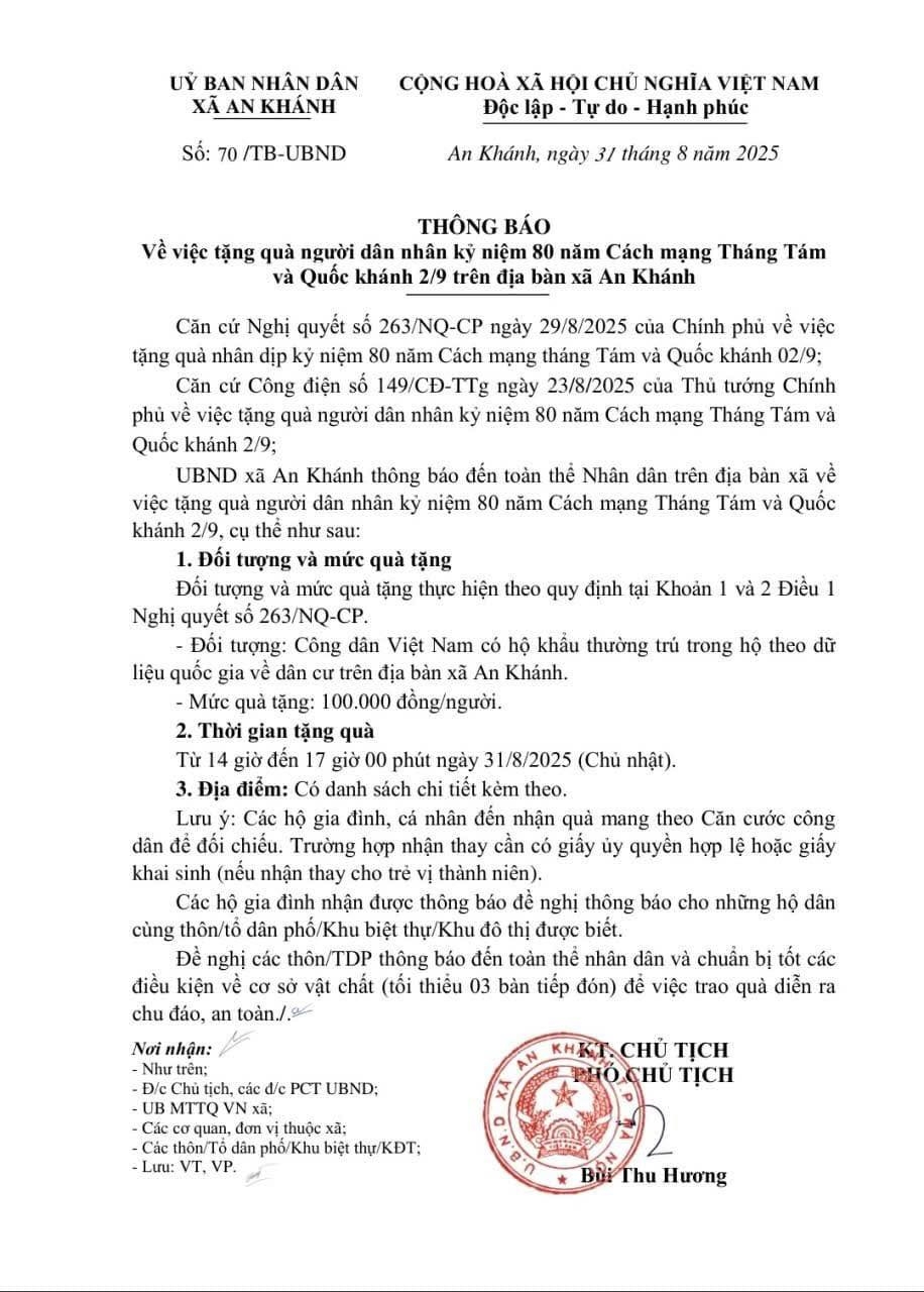 Văn bản thông báo phát tiền của UBND xã An Khánh, Hà Nội.