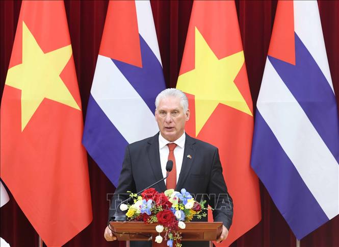  Bí thư thứ Nhất Đảng Cộng sản Cuba, Chủ tịch nước Cuba Miguel Díaz-Canel Bermúdez phát biểu. Ảnh: TTXVN.