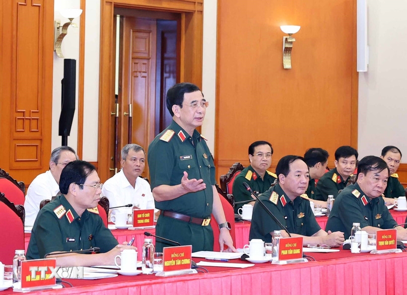 Đại tướng Phan Văn Giang, Uỷ viên Bộ chính trị, Phó Bí thư Quân uỷ Trung ương, Bộ trưởng Bộ Quốc phòng phát biểu. Ảnh: TTXVN.
