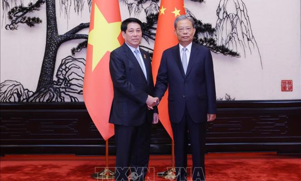 Chủ tịch nước Lương Cường hội kiến với Ủy viên Thường vụ Bộ Chính trị, Ủy viên trưởng Nhân đại Toàn quốc Trung Quốc Triệu Lạc Tế. Ảnh: TTXVN.