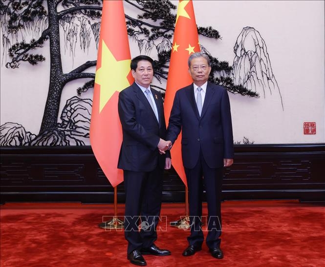 Chủ tịch nước Lương Cường hội kiến với Ủy viên Thường vụ Bộ Chính trị, Ủy viên trưởng Nhân đại Toàn quốc Trung Quốc Triệu Lạc Tế. Ảnh: TTXVN.