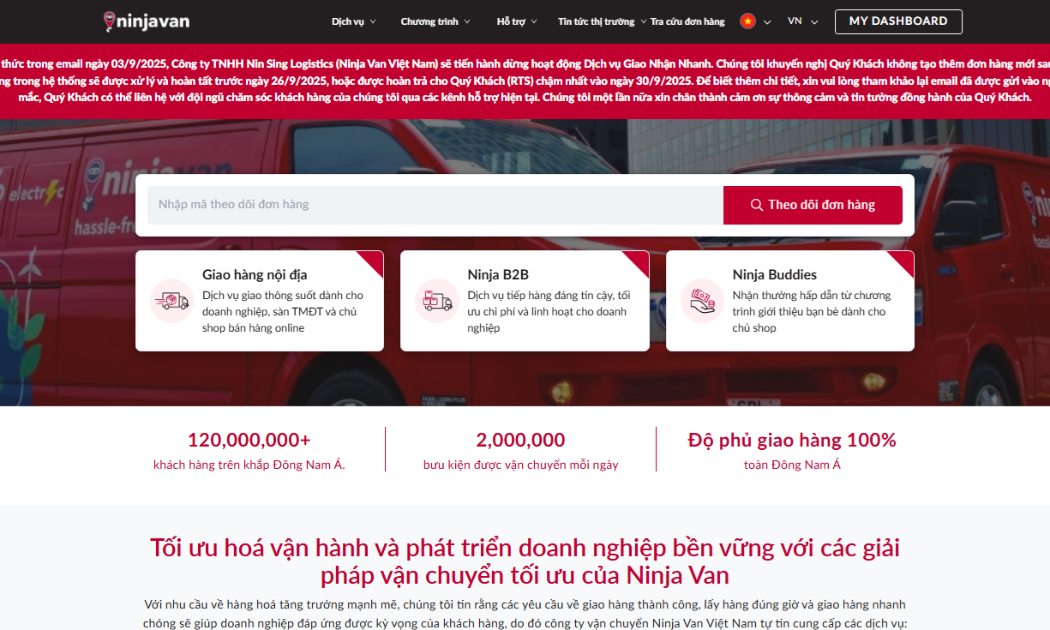 Trên trang web Ninja Van cũng chính thức thông báo bằng tiếng Việt dừng hoạt động dịch vụ giao nhận nhanh.