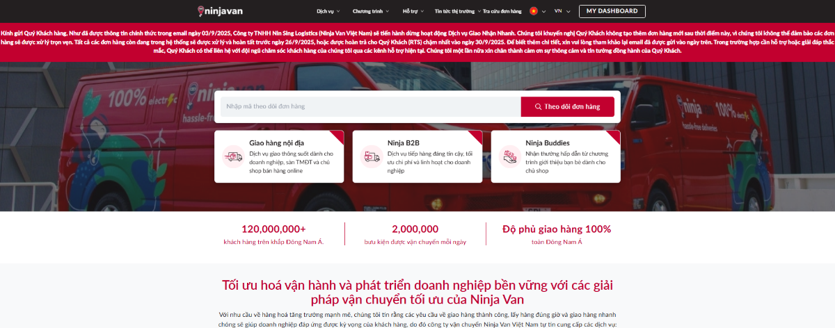 Trên trang web Ninja Van cũng chính thức thông báo bằng tiếng Việt dừng hoạt động dịch vụ giao nhận nhanh.