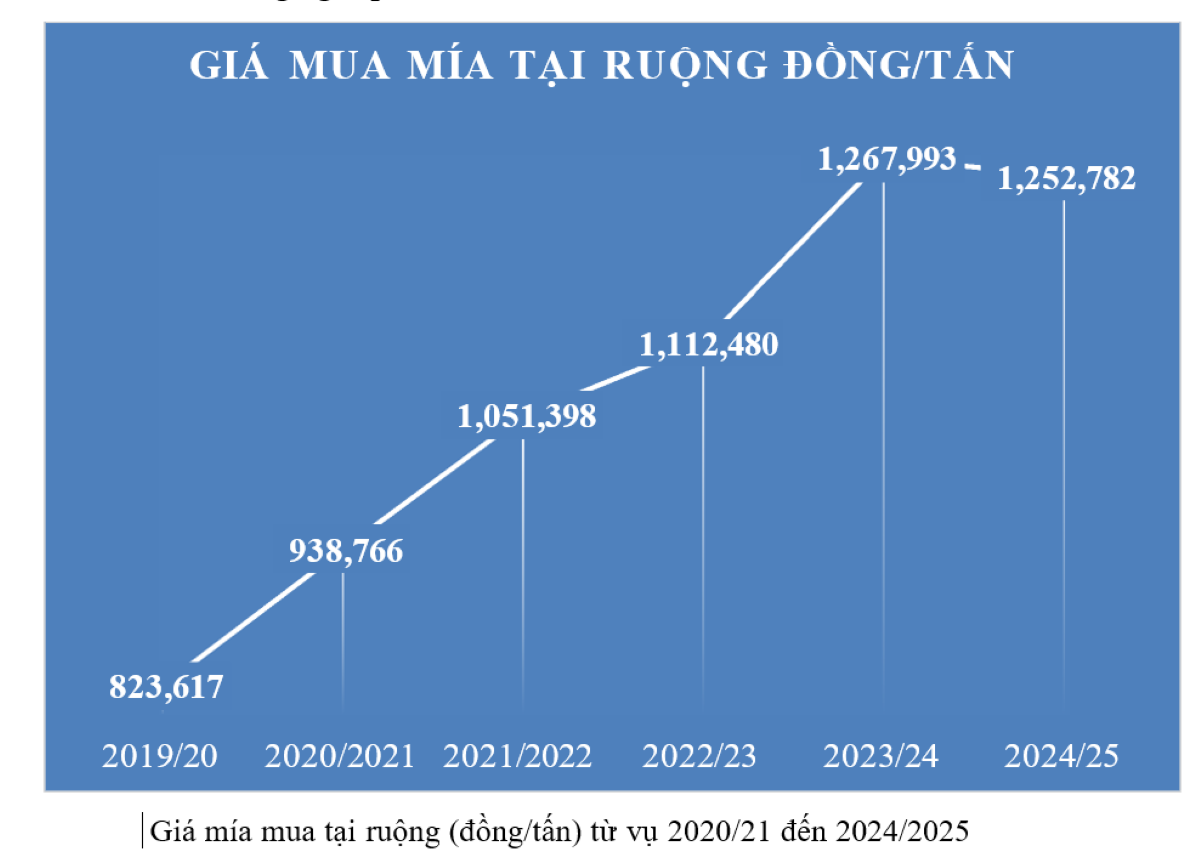Giá mua mía tại ruộng bình quân tại Việt Nam. Nguồn Hiệp hội Mía đường Việt Nam.