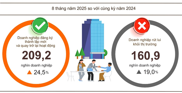 Tình hình đăng ký doanh nghiệp trong 8 tháng năm 2025. Nguồn : Cục Thống kê