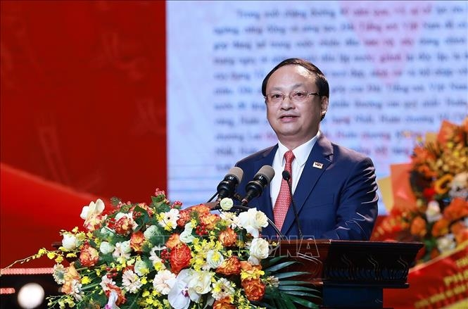 Tổng Giám đốc Đài Tiếng nói Việt Nam Đỗ Tiến Sỹ trình bày diễn văn kỷ niệm 80 năm Ngày thành lập Đài Tiếng nói Việt Nam. Ảnh: TTXVN.