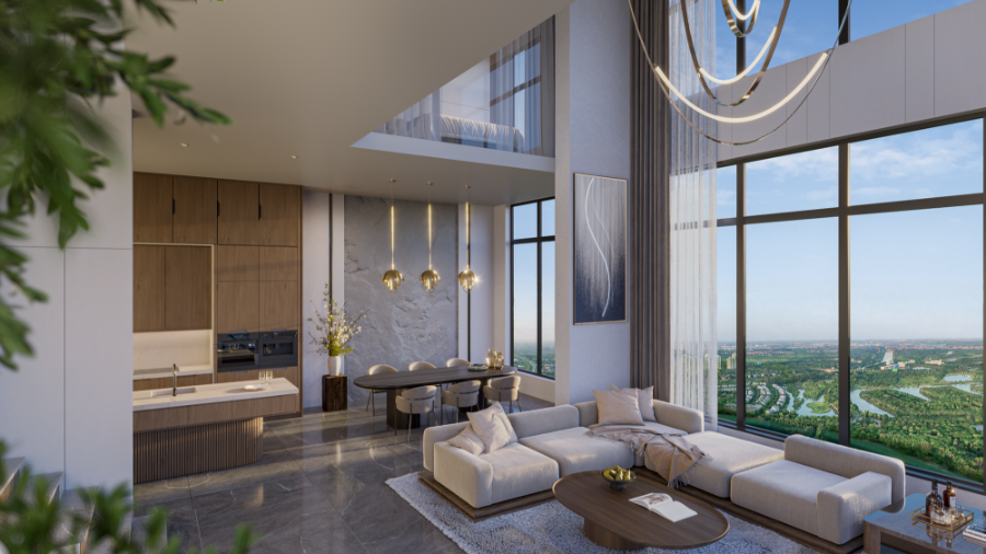 Căn hộ thông tầng với trần cao, tầm view khoáng đạt.