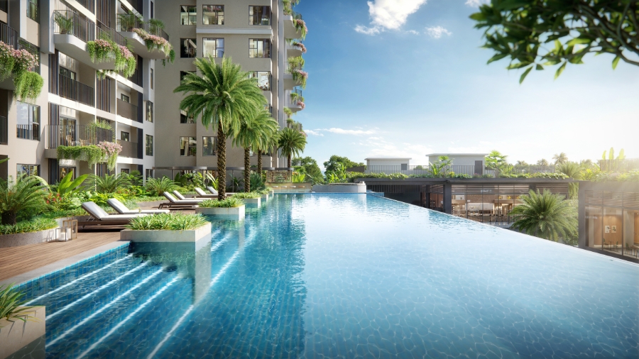 Bể bơi 4 mùa điện phân muối cách cư dân Garden villa vài bước chân.