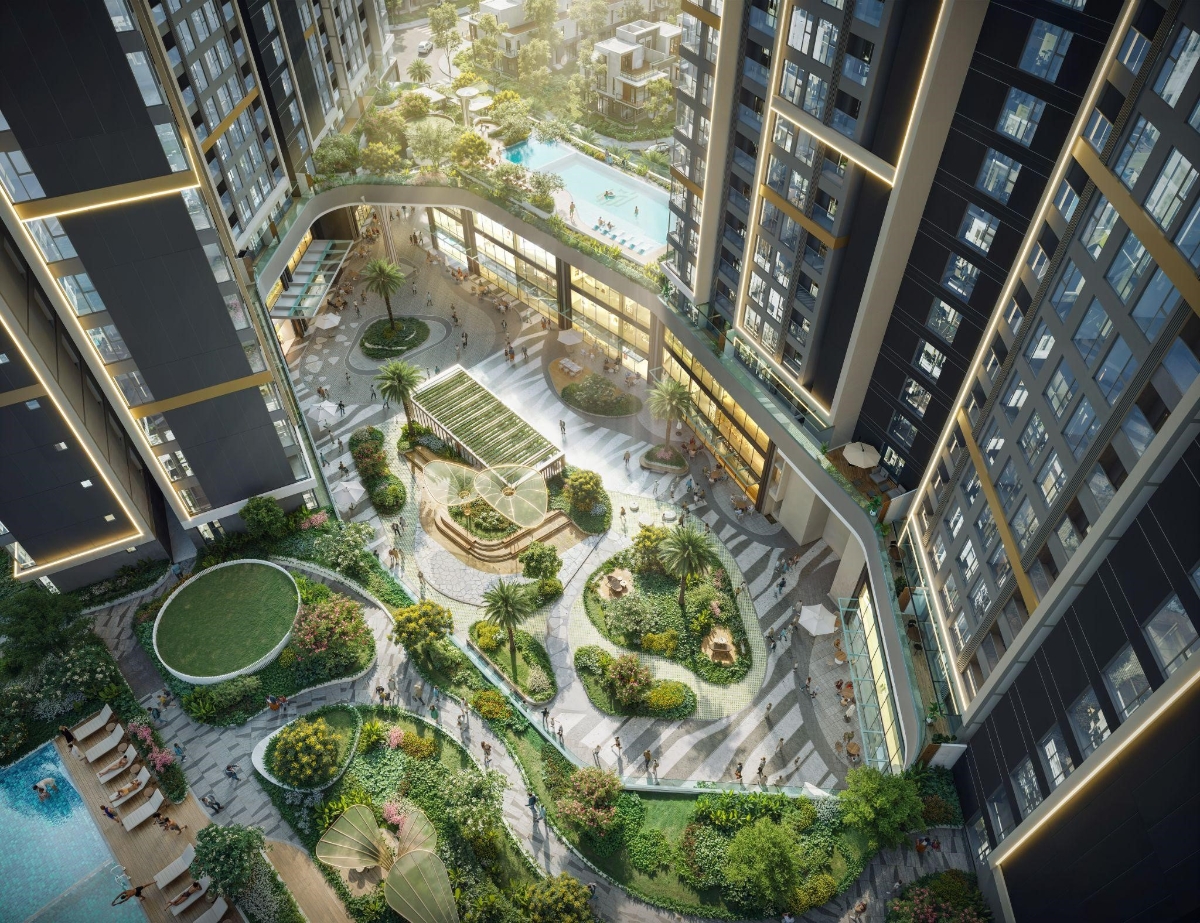 Tầm nhìn xuống cảnh quan nội khu đa chiểu từ Tower A - Masteri Rivera Danang.