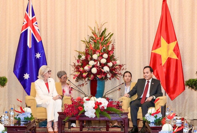 Bí thư Thành ủy Thành phố Hồ Chí Minh Trần Lưu Quang tiếp Toàn quyền Australia Sam Mostyn.