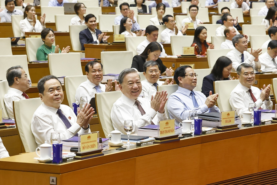  Tổng Bí thư Tô Lâm, Thủ tướng Chính phủ Phạm Minh Chính và Chủ tịch Quốc hội Trần Thanh Mẫn tại Hội nghị. Ảnh: TTXVN