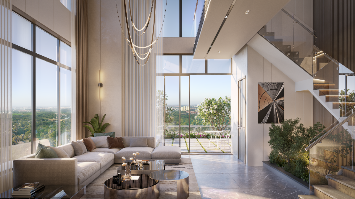 Thiết kế thông tầng, trần cao gần 8m giúp gia chủ thỏa sức cá nhân hóa không gian sống.