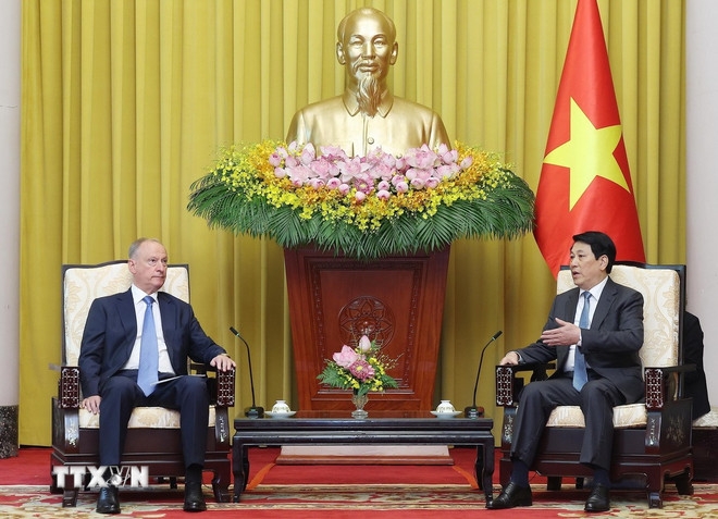 Chủ tịch nước Lương Cường tiếp Trợ lý Tổng thống, Chủ tịch Hội đồng Biển Liên bang Nga Nicolai Patrushev. Ảnh: TTXVN