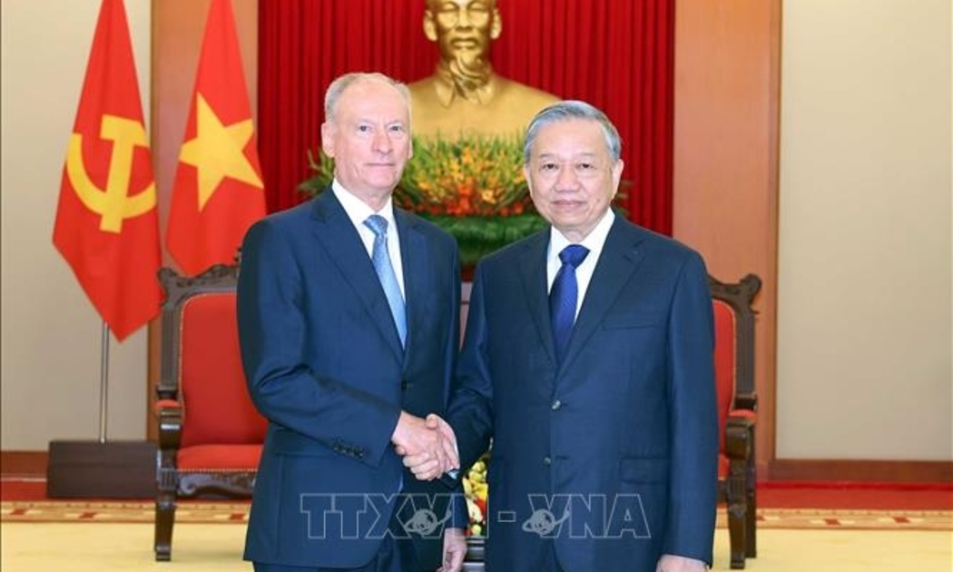 Tổng Bí thư Tô Lâm tiếp Trợ lý Tổng thống, Chủ tịch Hội đồng Biển Liên bang Nga Nicolai Patrushev. Ảnh: TTXVN