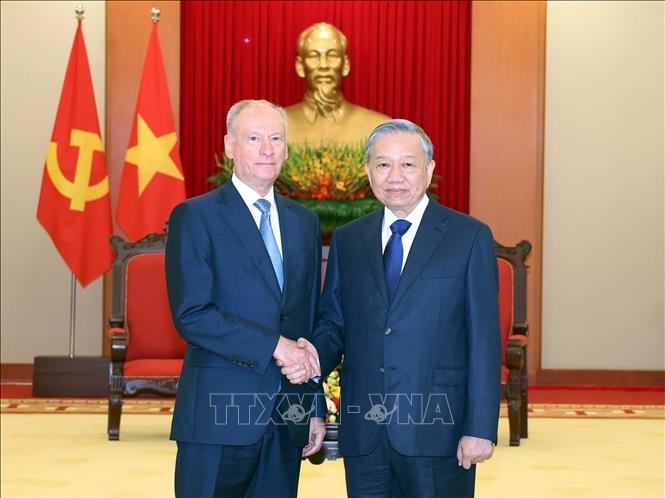 Tổng Bí thư Tô Lâm tiếp Trợ lý Tổng thống, Chủ tịch Hội đồng Biển Liên bang Nga Nicolai Patrushev. Ảnh: TTXVN