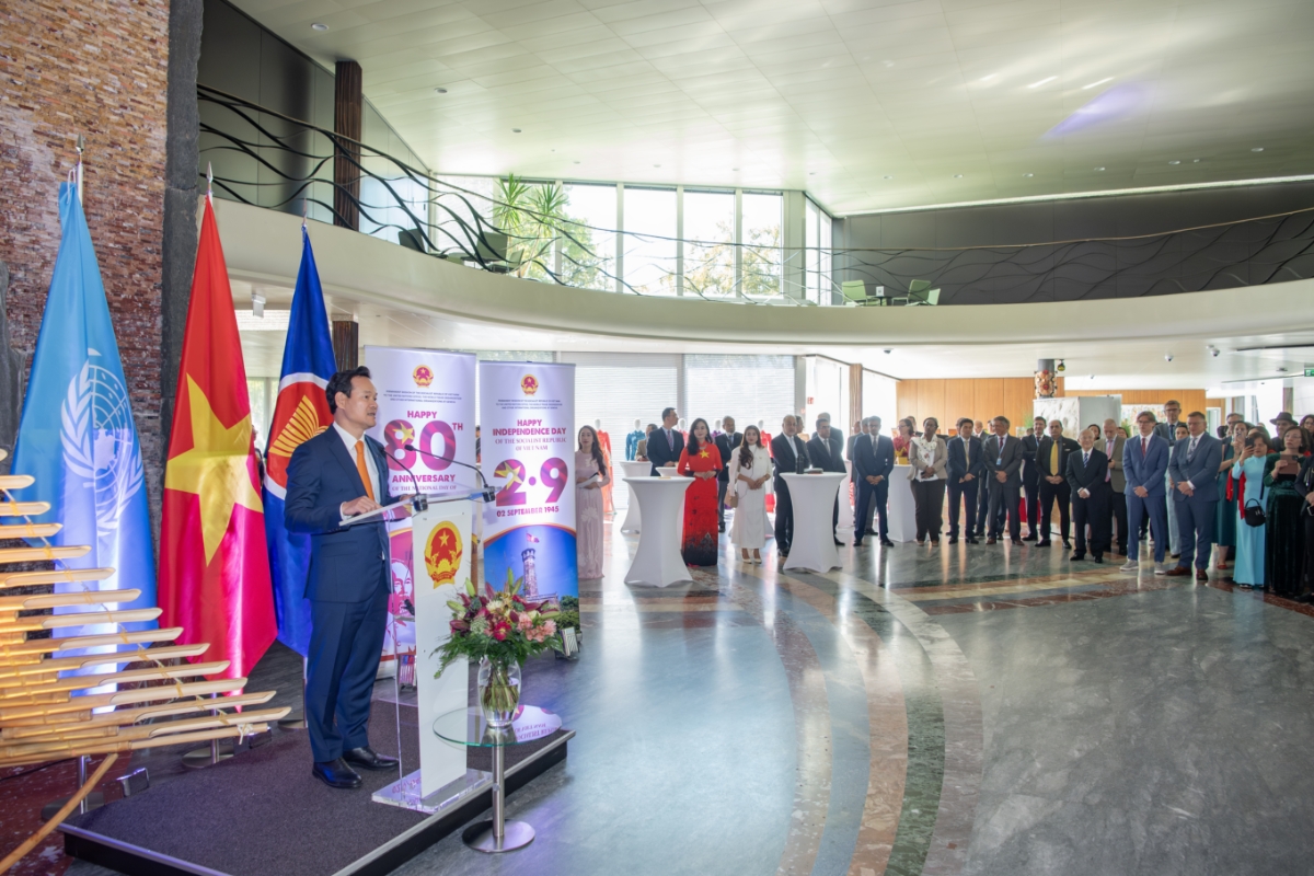 Lễ kỷ niệm 80 năm Quốc khánh nước Cộng hòa Xã hội Chủ nghĩa Việt Nam (2/9/1945 - 2/9/2025)&nbsp;tại trụ sở Tổ chức Sở hữu trí tuệ thế giới (WIPO) ở Geneva (Thuỵ Sỹ). Ảnh: Tiến Tuấn.