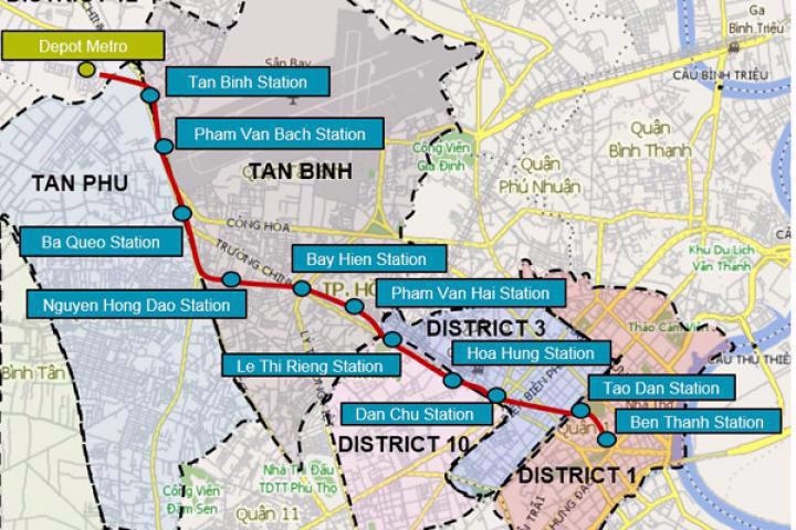 Sơ đồ tuyến và các nhà ga của tuyến metro số 2 Bến Thành - Tham Lương. Ảnh: MAUR