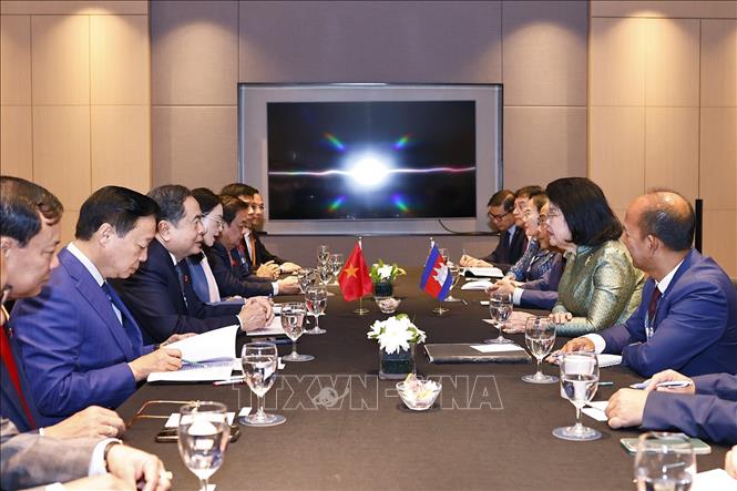 Chủ tịch Quốc hội Trần Thanh Mẫn gặp Chủ tịch Quốc hội Campuchia Samdech Maha Rathsaphethika Thipadei Khuon Sudary. Ảnh: TTXVN.
