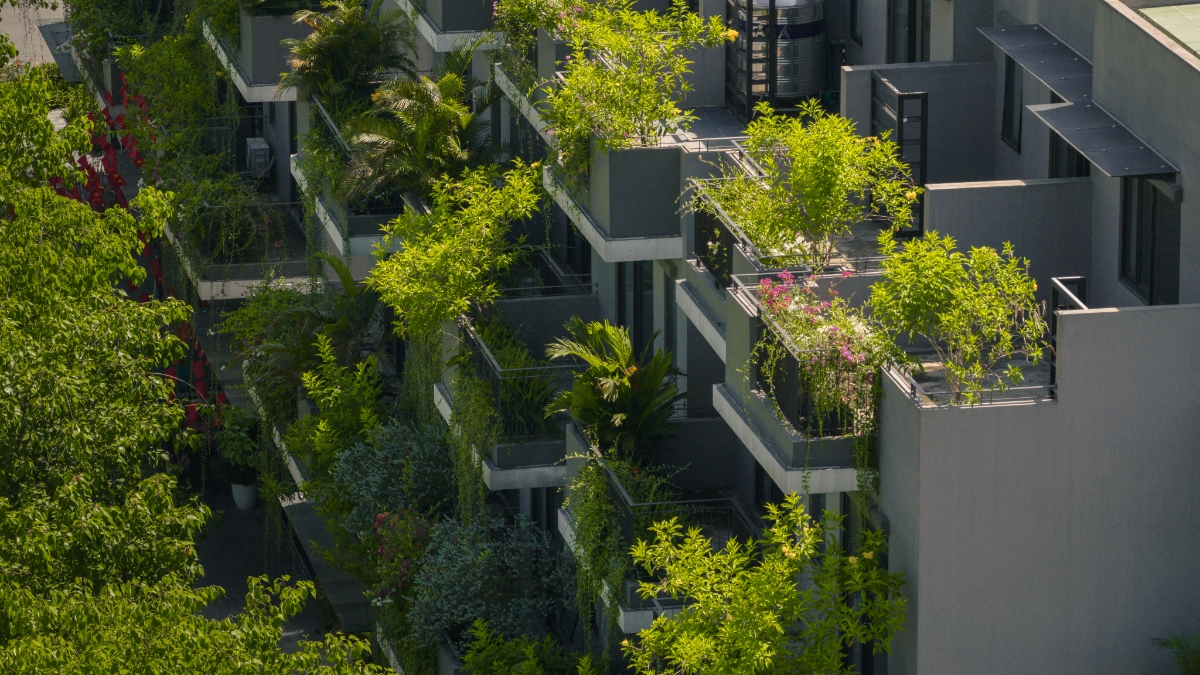 Những căn nhà đầy hoa, trước nhà phủ bóng cây xanh tại Eco Central Park.