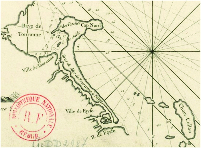 Bản đồ của Le Floch de la Carrière miêu tả sông Cổ Cò với cái tên “Bras de Mer de Touranne a Fayfo” chỉ rõ dòng sông nối từ Đà Nẵng (người nước ngoài gọi là Touranne) với Hội An. Nguồn: Le Floch de la Carrière (1745).