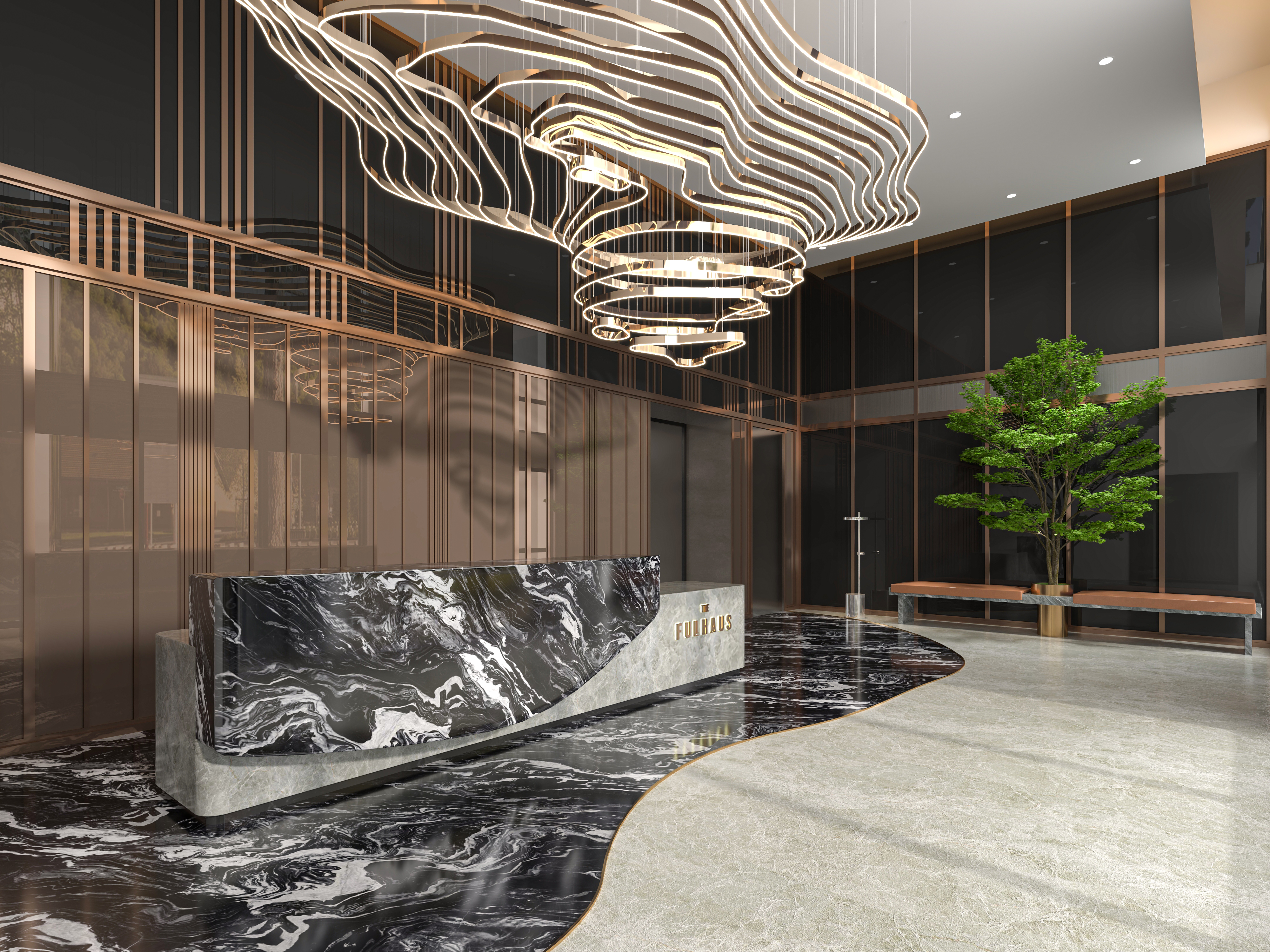 Sảnh lễ tân Clubhouse The Fullhaus mang đến không gian sang trọng với điểm nhấn từ chất liệu đá vân mây, sự sắp đặt ánh sáng khéo léo cùng phong cách thiết kế chủ đạo “xếp tầng” hiện đại. Ảnh: CapitaLand.
