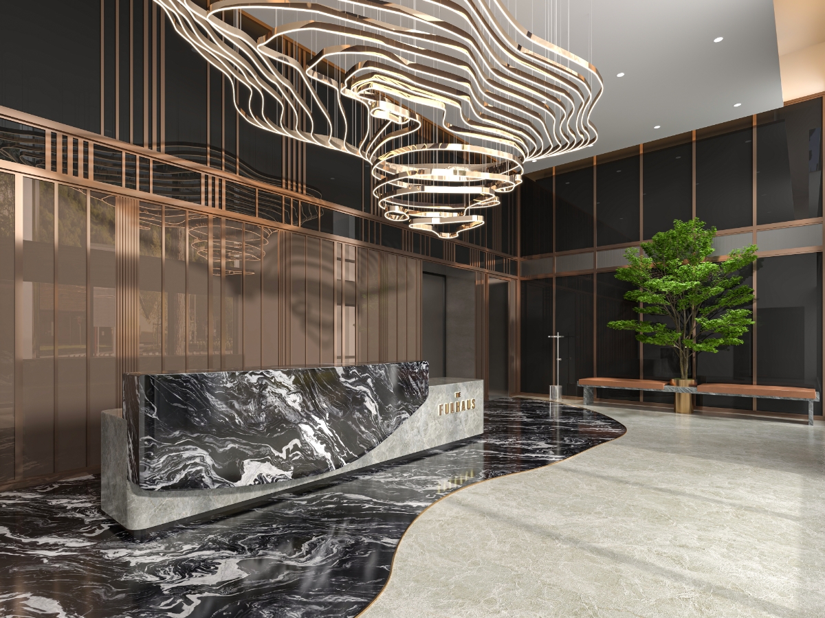 Sảnh lễ tân Clubhouse The Fullhaus mang đến không gian sang trọng với điểm nhấn từ chất liệu đá vân mây, sự sắp đặt ánh sáng khéo léo cùng phong cách thiết kế chủ đạo “xếp tầng” hiện đại. Ảnh: CapitaLand.